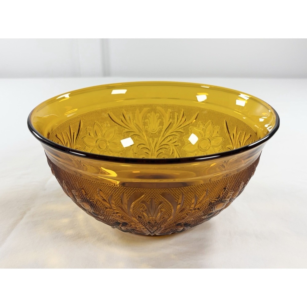 Vintage Anchor Hocking Amber Glass 9" Serving Bowl Daisy Sandwich Pattern MCM